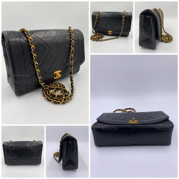 Authentic CHANEL Lambskin Medium Diana Single Chain Single Flap Bag Black gold h - Picture 3 of 12